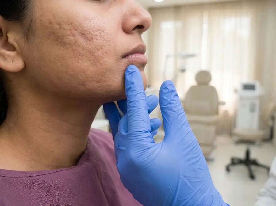 A doctor examining depressed acne scars on a young woman's cheek (illustrative photo)