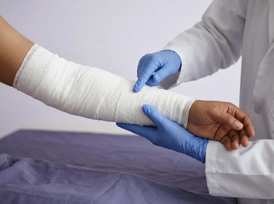 A doctor checking a bandaged forearm after a burn (illustrative photo)