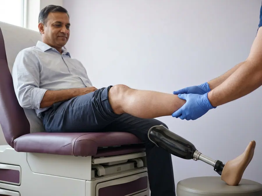 A man with a below-knee prosthetic leg during a check-up (illustrative photo)