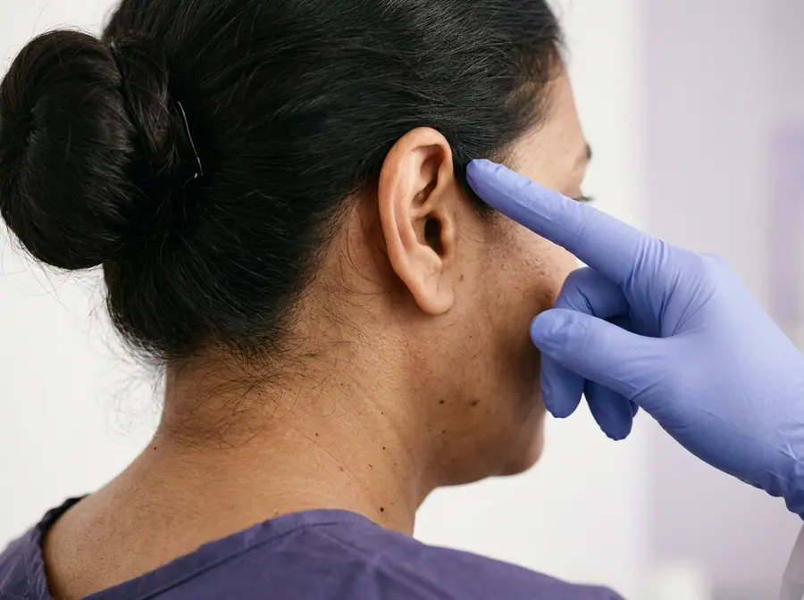 A doctor pointing to the outer ear of a woman (illustrative photo)