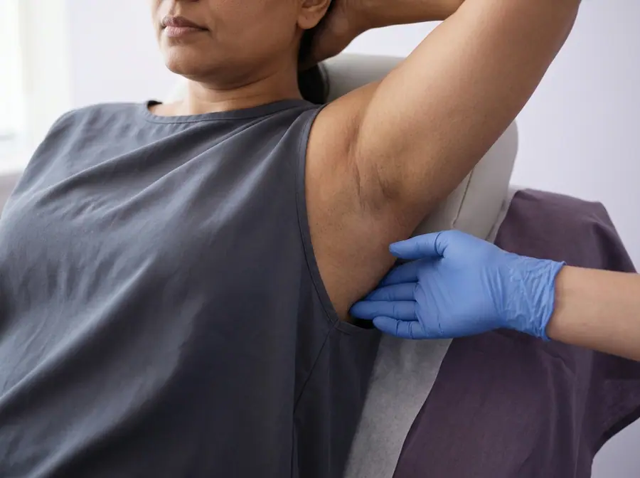 A doctor examining the underarm area of a woman with her arm raised (illustrative photo)