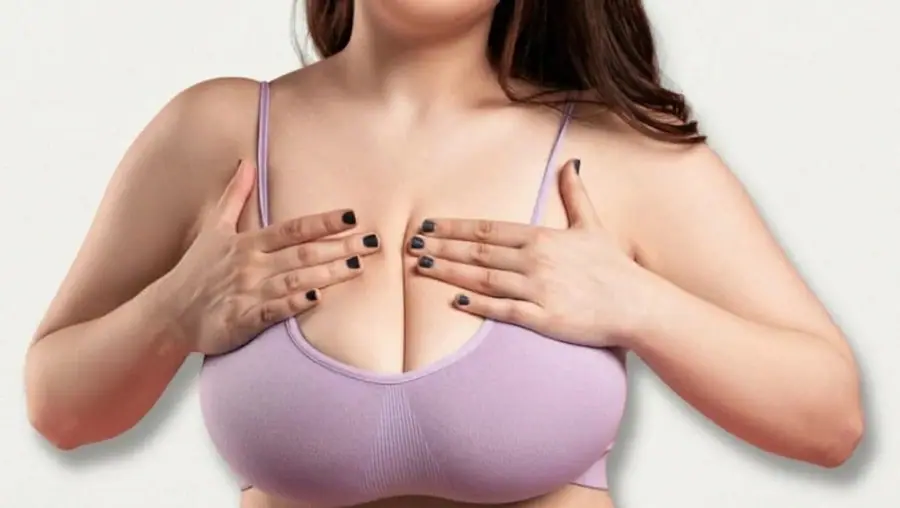 A woman in a lilac bra holding her hands over her chest (illustrative photo)