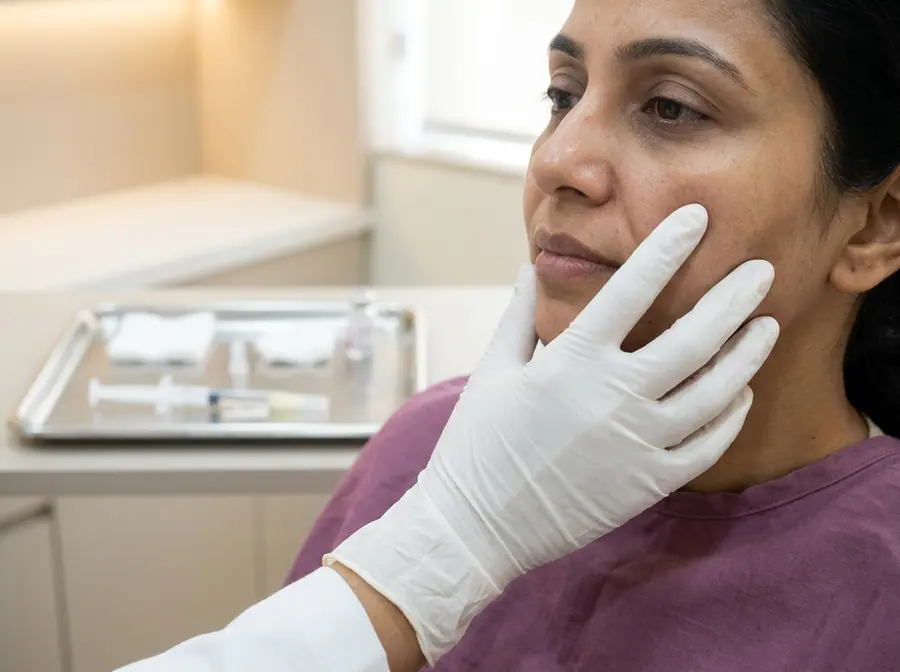 A doctor assessing a woman's cheek, with filler syringes on a tray behind (illustrative photo)