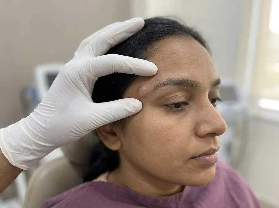 A doctor examining the outer end of a woman's eyebrow (illustrative photo)