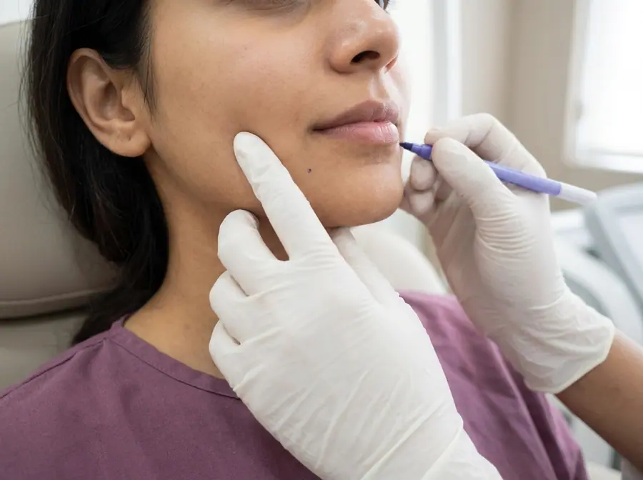 A doctor marking a dimple point on a young woman's cheek (illustrative photo)