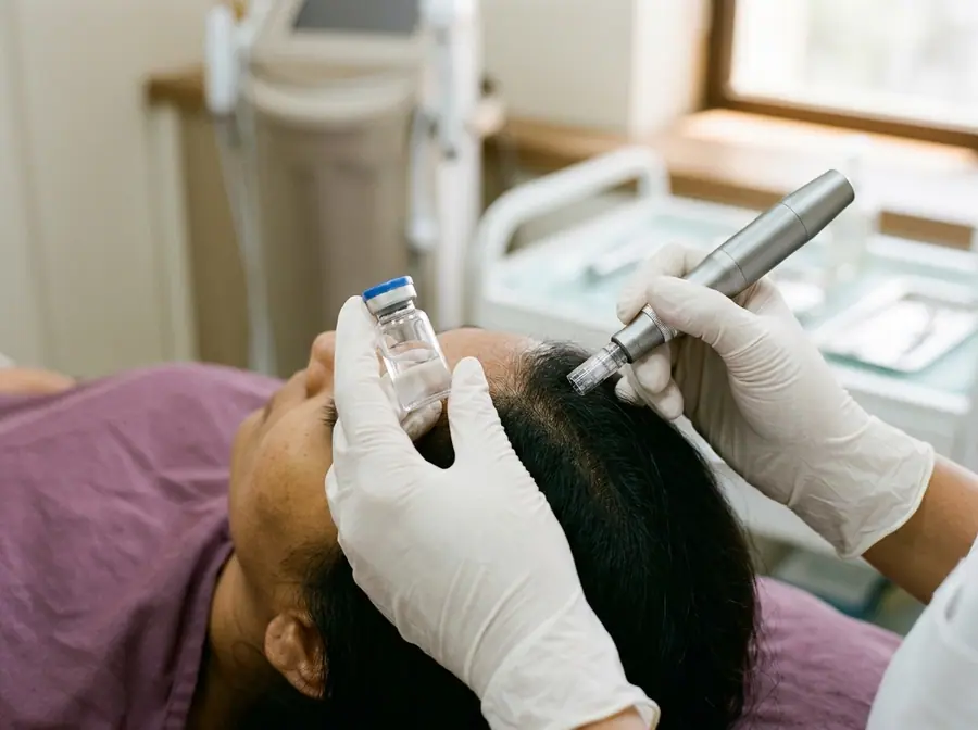 A doctor applying a serum to a patient's scalp after microneedling (illustrative photo)