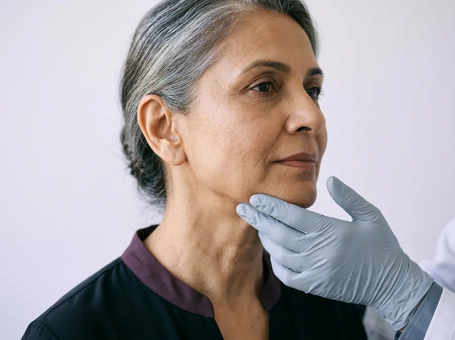 A doctor examining the jawline and neck of an older woman (illustrative photo)
