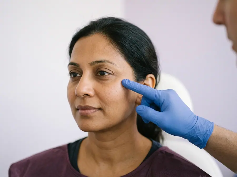 A doctor pointing to the cheek and temple area of a woman's face (illustrative photo)