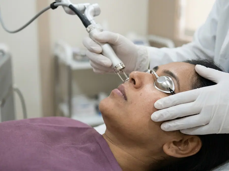 A doctor using a laser hand-piece near a patient's face while she wears protective eyewear (illustrative photo)