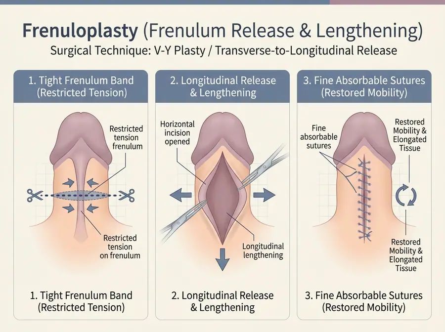 Medical illustration of frenuloplasty: a tight frenulum band, a transverse release and lengthwise closure with fine stitches