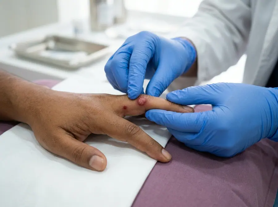 A doctor examining a small red bump on a person's finger (illustrative photo)