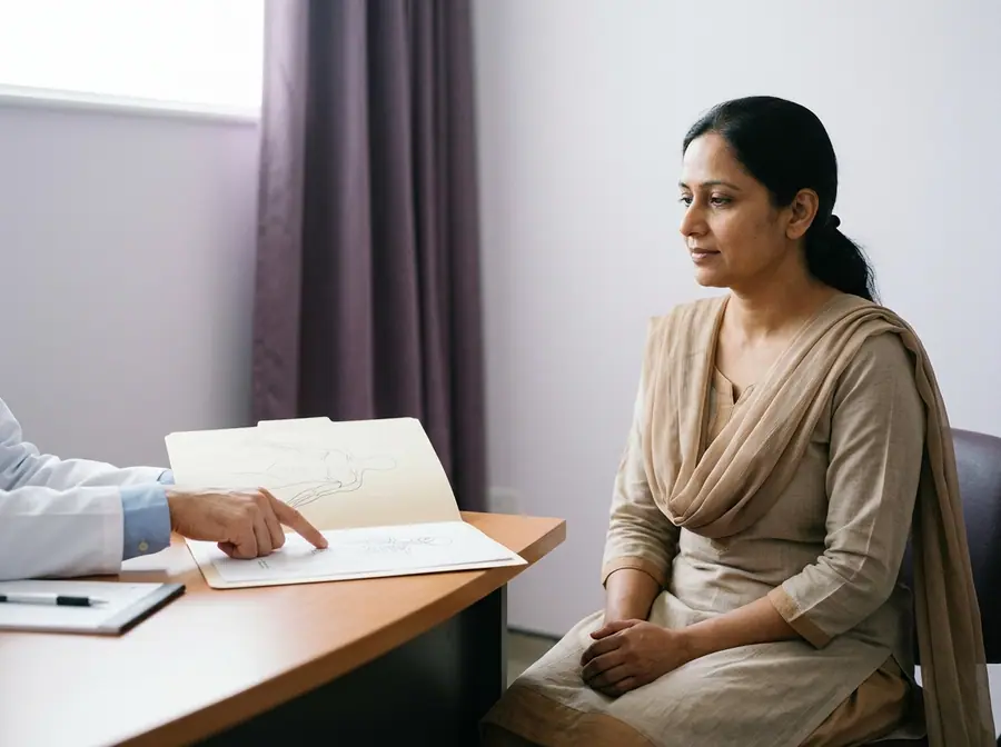 A woman in a private consultation with a doctor who is explaining a diagram (illustrative photo)
