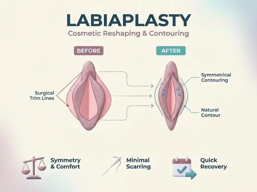 Medical illustration of the labia minora before and after reduction, showing trim lines and the reshaped contour