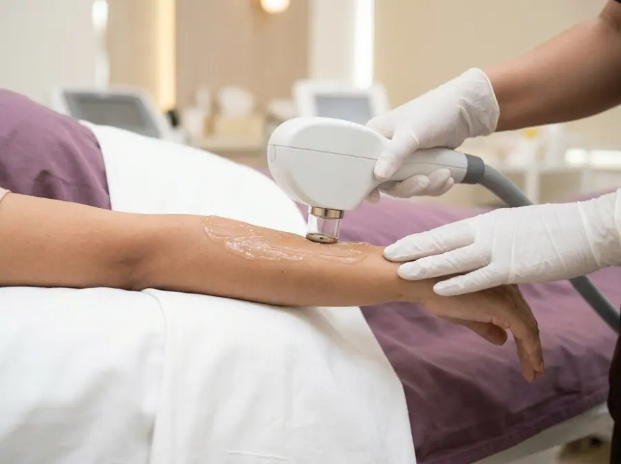 A laser hair reduction hand-piece being used on a woman's forearm (illustrative photo)
