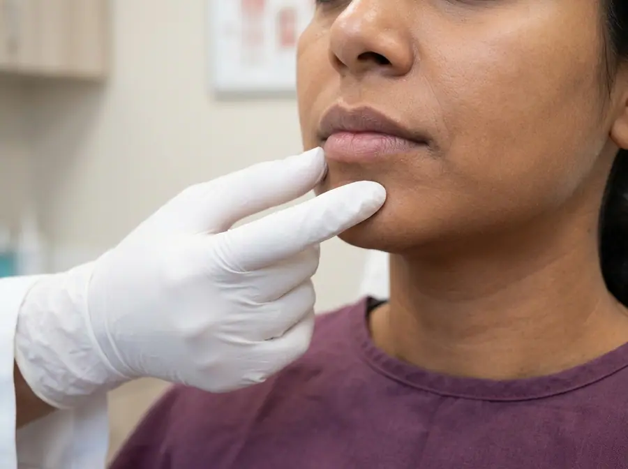 A doctor examining the lips and chin of a young woman (illustrative photo)