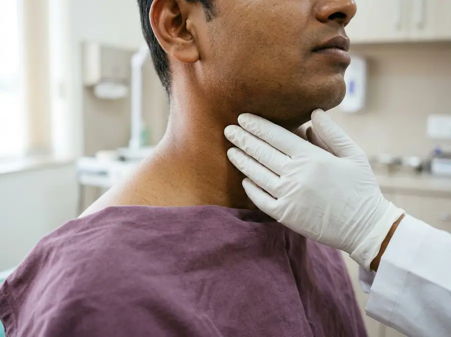A doctor feeling the side of a man's neck for swollen lymph nodes (illustrative photo)