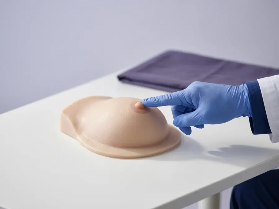 A doctor pointing to the nipple on a breast model (illustrative photo)