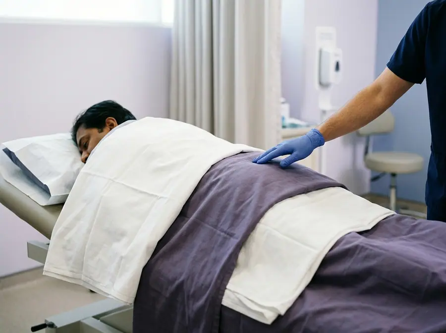 A patient lying face down on an examination couch while a doctor examines the lower back (illustrative photo)