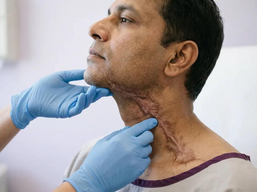 A doctor examining a burn scar on the side of a man's neck (illustrative photo)