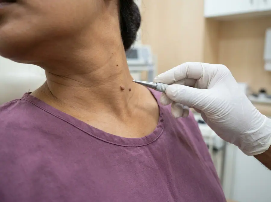 A doctor using a fine instrument on small growths on a woman's neck (illustrative photo)