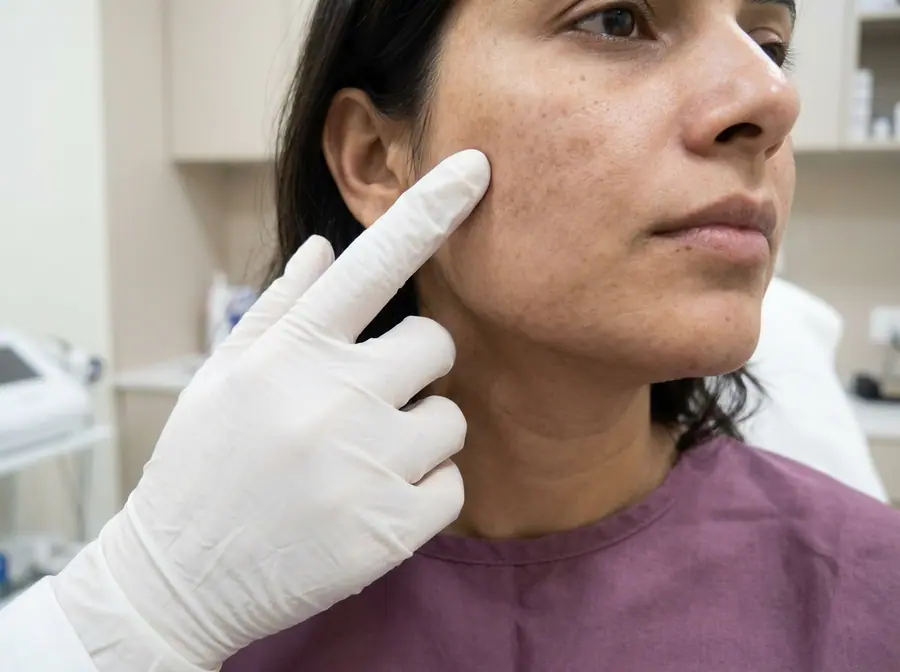 A doctor examining patches of pigmentation on a woman's cheek (illustrative photo)