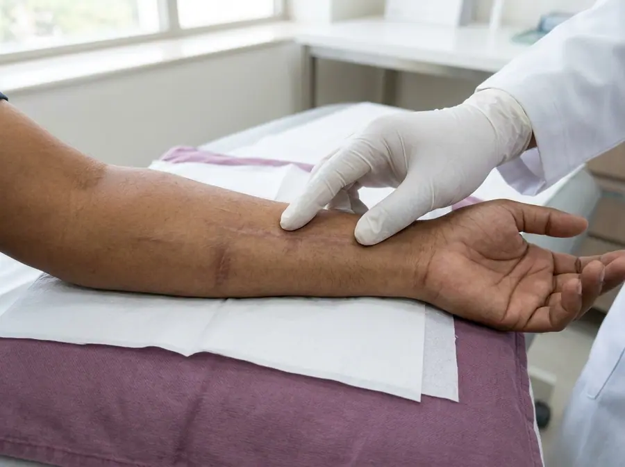 A doctor gently examining healed scars on a person's forearm (illustrative photo)
