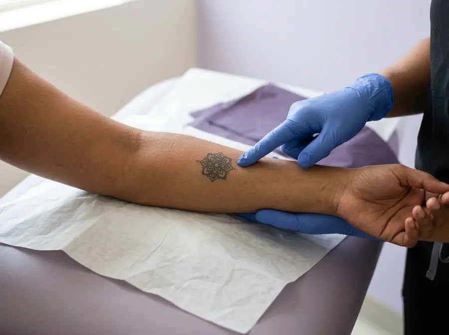 A doctor pointing to a small tattoo on a forearm (illustrative photo)