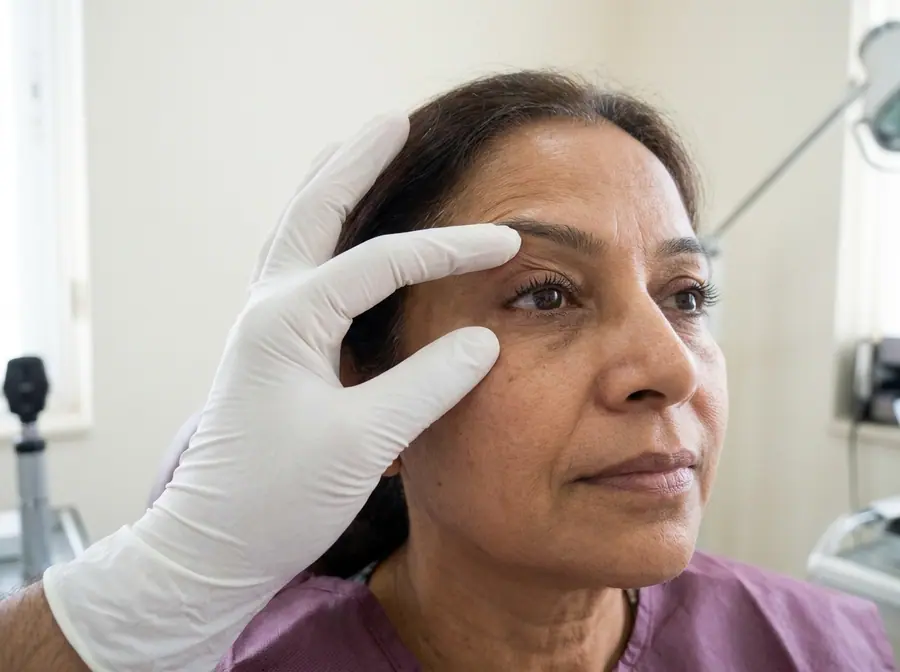 A doctor examining the upper and lower eyelids of a middle-aged woman (illustrative photo)