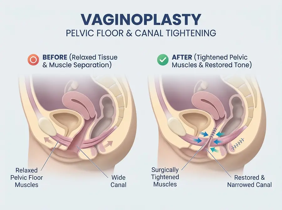 Medical illustration comparing relaxed pelvic floor muscles with surgically tightened muscles after vaginoplasty